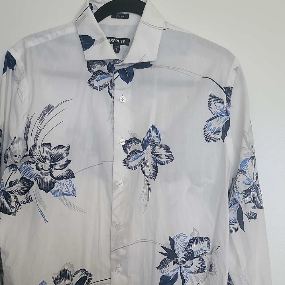 Express White and Blue Casual Floral Button Down Shirt